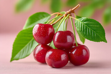 Ripe red cherries on the branch with green leaves, close-up. Generative AI