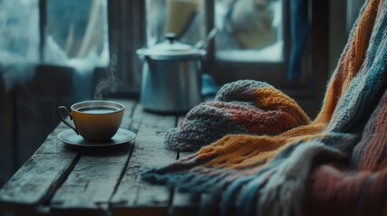 Cozy winter drink with a warm blanket by a frosty window
