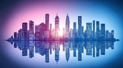 Obraz premium Vibrant cityscape reflected in tranquil water at dawn.