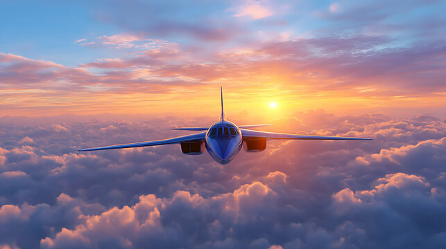 Supersonic jet flying above clouds at sunset (1). Generative AI