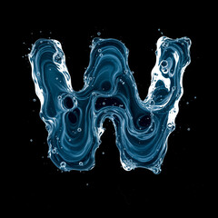 Letter W Made of Splashing Water on Black Background &ndash; 3D Liquid Typography Concept