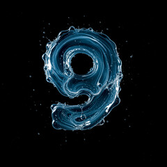 Number 9 Made of Splashing Water on Black Background &ndash; 3D Liquid Typography Concept