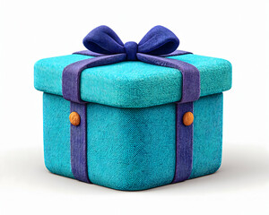 Teal gift box with purple ribbon and bow. Generative AI