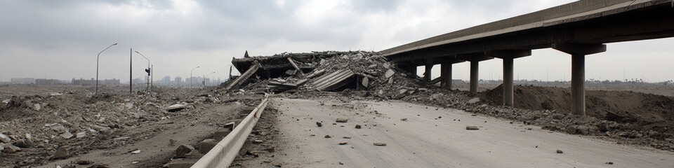 collapsed highway overpass lies in ruins after devastating earthquake, with debris scattered across road under cloudy sky.
