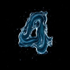 Number 4 Made of Splashing Water on Black Background &ndash; 3D Liquid Typography Concept