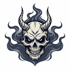 Create a vector illustration of a haunted demon skull with a bold, black stroke.  The skull should have detailed features and a menacing expression.