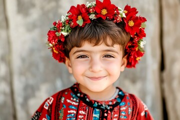 Sunny daylight. Happy holiday season holidays conceptual art graphic artwork. Smiling middle eastern infant boy with tt hair wearing red flower circlet on his head. Happy holidays for kids.