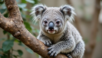 Fototapeta premium Cute Koala Sitting on Branch Australian Forest Wildlife Photography Natural Habitat Close-Up Adorable Creatures