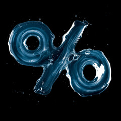 Symbol Percent Made of Splashing Water on Black Background &ndash; 3D Liquid Typography Concept
