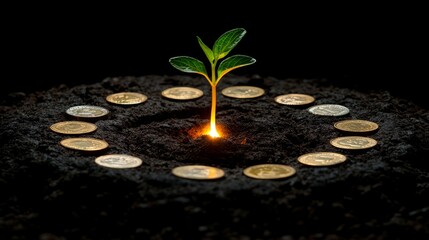 conceptual illustration featuring a small green plant sprouting from the center of a dark, textured surface, surrounded by a circle of various silver coins