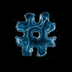 Symbol Hashtag Made of Splashing Water on Black Background &ndash; 3D Liquid Typography Concept