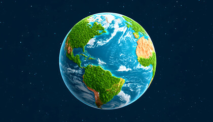 Fototapeta premium A detailed 3D rendering of planet Earth against a dark space background, showcasing continents, oceans, and clouds. Generative AI