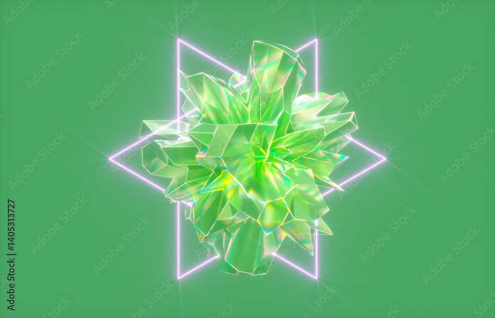 Aufkleber abstract crystal fractal gem with neon light background. 3d rendering