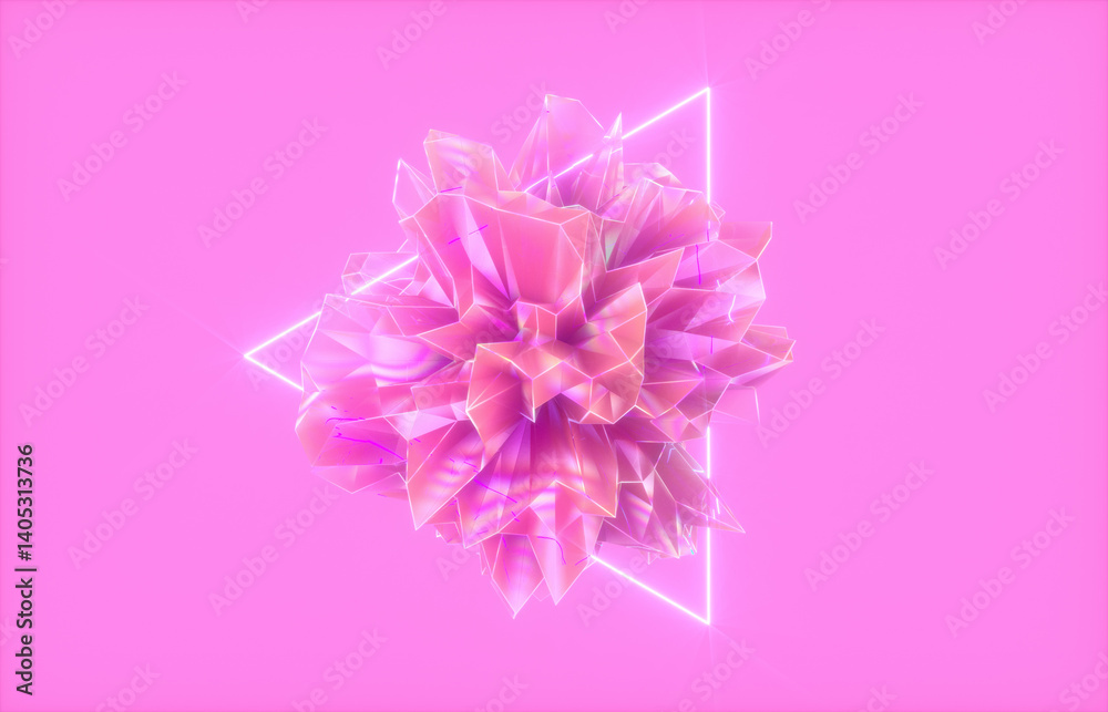 Poster Abstract crystal fractal gem with neon light background. 3d rendering