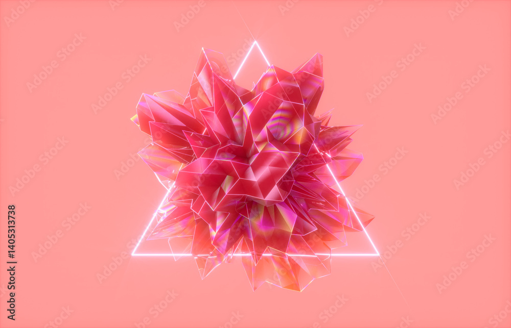 Aufkleber Abstract crystal fractal gem with neon light background. 3d rendering