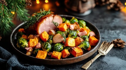 Roasted ham with Brussels sprouts and pumpkin, festive holiday meal