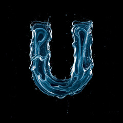 Letter U Made of Splashing Water on Black Background &ndash; 3D Liquid Typography Concept