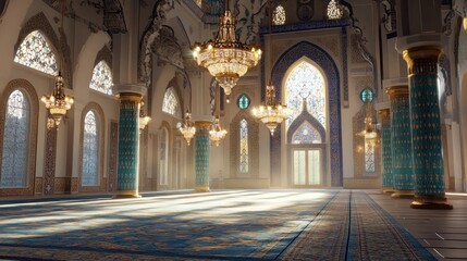 Sunlit Mosque Interior, Prayer Hall, Islamic Architecture, Majestic Design