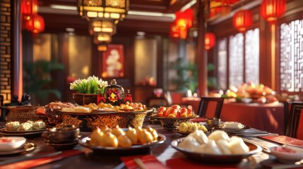 Fototapeta premium Elegant Chinese Restaurant Interior Feast