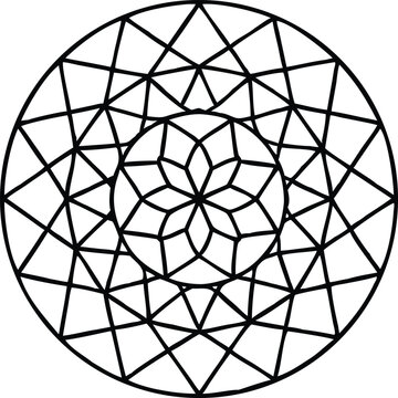 Abstract geometric mandala design, black and white, circular pattern, intricate details.