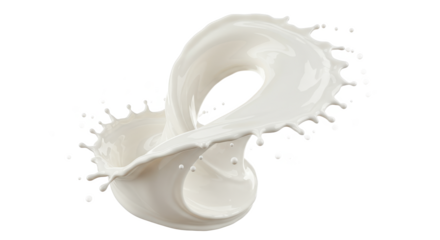 A dynamic splash of white liquid on a black background creating a swirling motion in the air