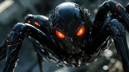 Robotic spider, city ruins, close-up, dystopian future, sci-fi film