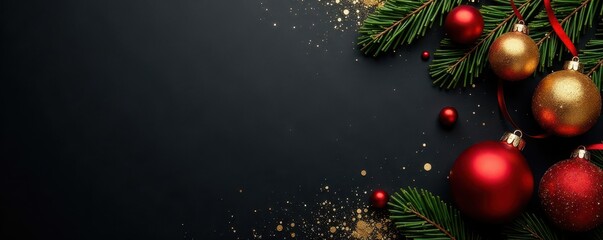 Elegant black background with gold glitter & festive ornaments, glitter, glamorous, festive