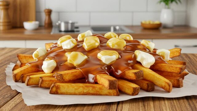 Delicious classic Canadian poutine served with rich gravy and cheese curds on crispy fries