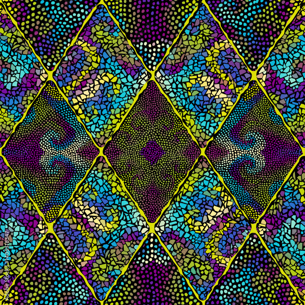 Poster Bright abstract mosaic seamless pattern. Vector background. Endless texture. Ceramic tile fragments.