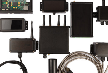 Modern electronic circuits on a white background, a set of various devices