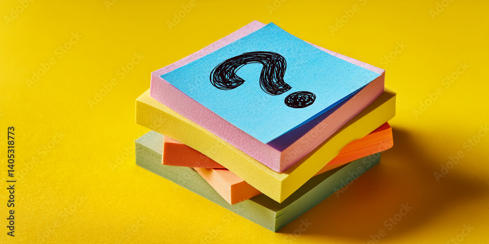 Aufkleber stack of colorful sticky notes, top note displays a question mark, symbolizes inquiry, problem-solvi