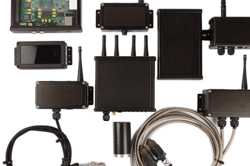 Modern electronic circuits on a white background, a set of various devices