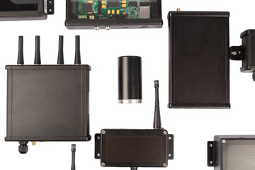Modern electronic circuits on a white background, a set of various devices