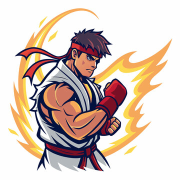 Create a vector graphic of a Street Fighter character with a bold, thick stroke.  Focus on strong lines and clear shapes.