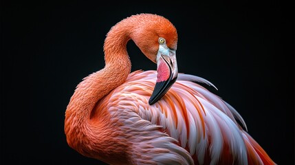 Obraz premium Close-up of a flamingo, preening its plumage. A vibrant, pinkish-orange bird with a long, elegant neck and delicate features. 