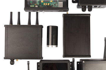 Modern electronic circuits on a white background, a set of various devices