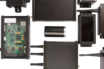 Modern electronic circuits on a white background, a set of various devices