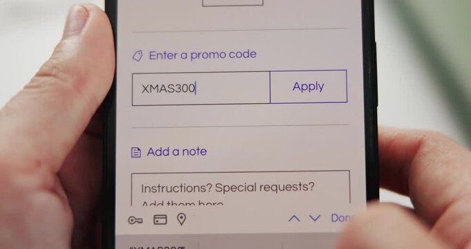 Online shopping, phone and person with promo code for discount, promotion and sale on website. Ecommerce, retail and hands on smartphone with application for internet purchase, buying and payment