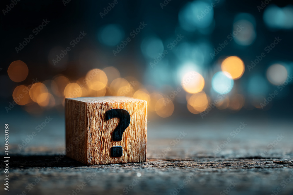 Aufkleber Wooden cube with question mark on rustic surface, bokeh background of blurred lights, symbolizing uncertainty, inquiry, or problem-solving