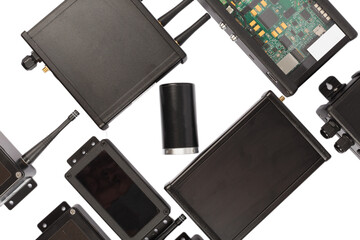 Modern electronic circuits on a white background, a set of various devices