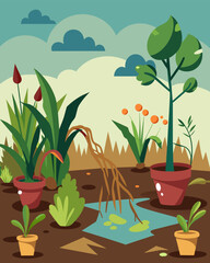 Obraz premium A neglected garden of wilted plants a result of careless watering and neglect.. Vector illustration