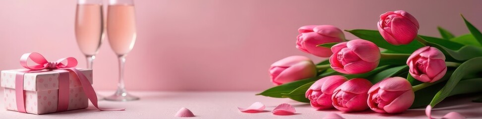 Obraz premium Pink tulips, champagne flutes, elegant gift box Plenty of copy space , macro, giftwrap, pastel