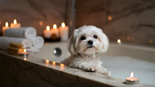 Maltese dog enjoying a relaxing spa treatment in a luxurious bathroom