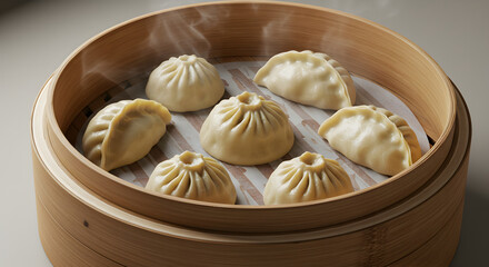 Steaming Assortment of Asian Dumplings In Bamboo Steamer Basket Close-Up