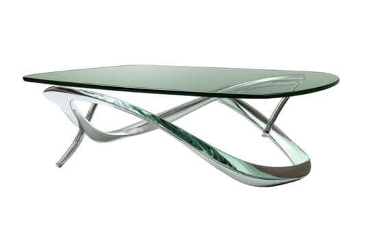 Sleek glass top coffee table with a modern chrome base featuring a unique flowing design perfect for contemporary living