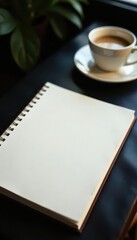 Sleek black leather desk, coffee, open notepad , drink, study