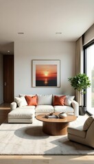 Spacious open-plan living area featuring neutral tones & modern artwork, minimal, vase