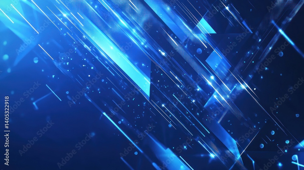 Wall mural blue technology background with light speed lines and triangular shapes for modern web design
