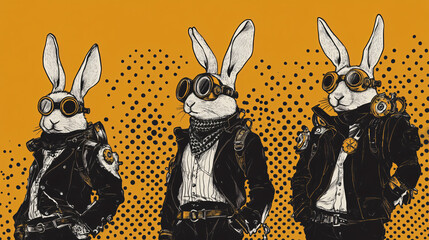 Fototapeta premium Whimsical Rabbit Cartoon Trio in Quirky Aviator Fashion – Dynamic Animal Illustration