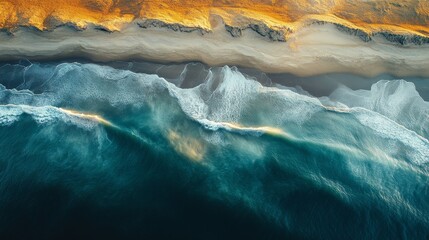 Aerial view of ocean waves crashing on sandy beach at sunset.